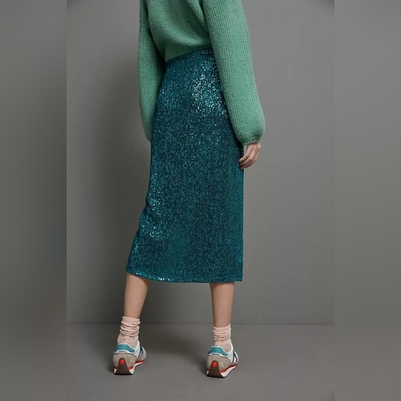 Anthropologie Maeve Alicia Sequined Midi Skirt Green Side Zip Slit Size M - Picture 3 of 6